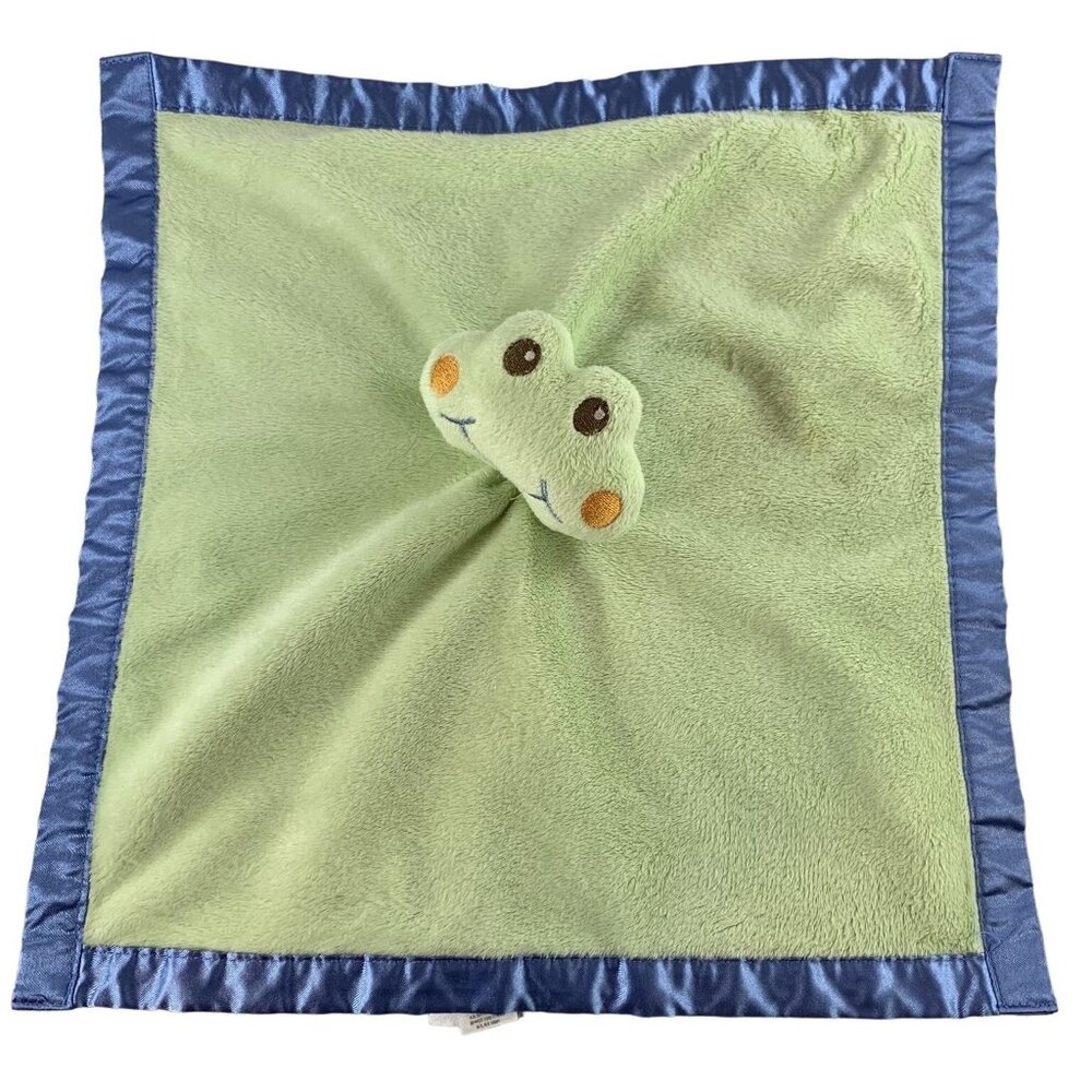 Green Frog Baby Security Blanket Lovey Rattle Satin Blue Trim By Baby Essentials